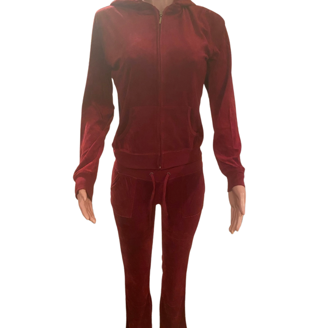 SNOB Caprice Velour Hooded Jogging Suit-Burgundy
