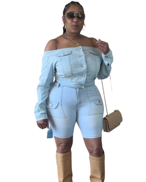 SNOB Jazzy DENIM Off Shoulder Mid Knee Short Set