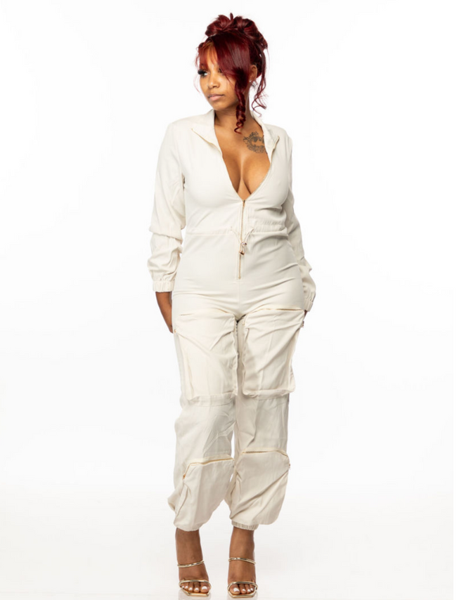 SNOB Carrah Cargo Long Sleeve Jumpsuit-Creme