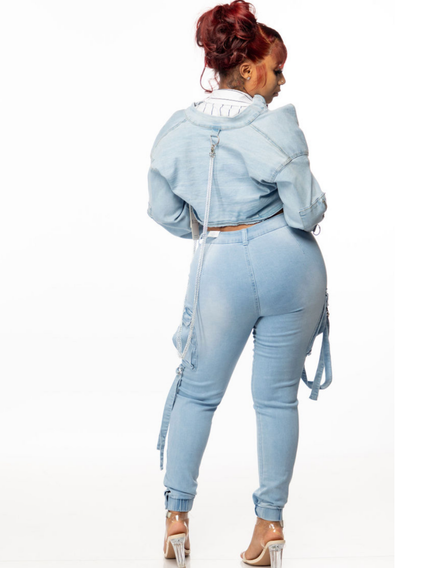 SNOB Alexa DENIM Cargo High Waist Stretchy Jean Set- Light Wash