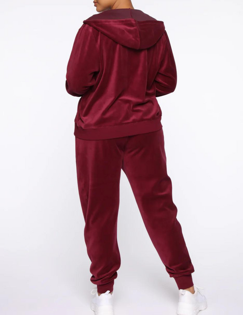 SNOB Caprice Velour Hooded Jogging Suit-Burgundy