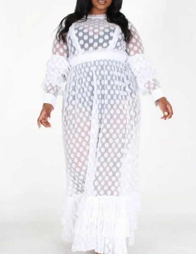 SNOB Dottie See Through Polka Dot Long Dress-White