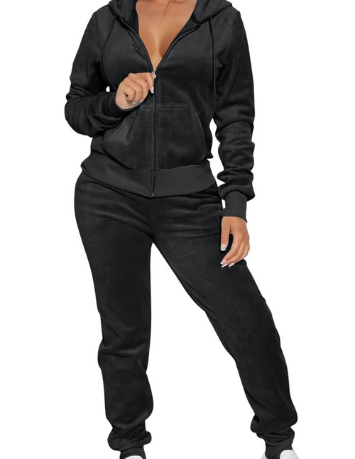 SNOB Caprice Velour Hooded Jogging Suit-Black