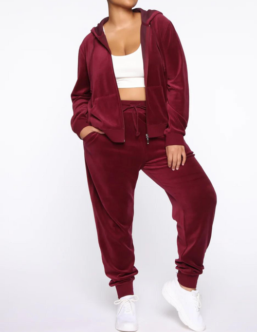 SNOB Caprice Velour Hooded Jogging Suit-Burgundy