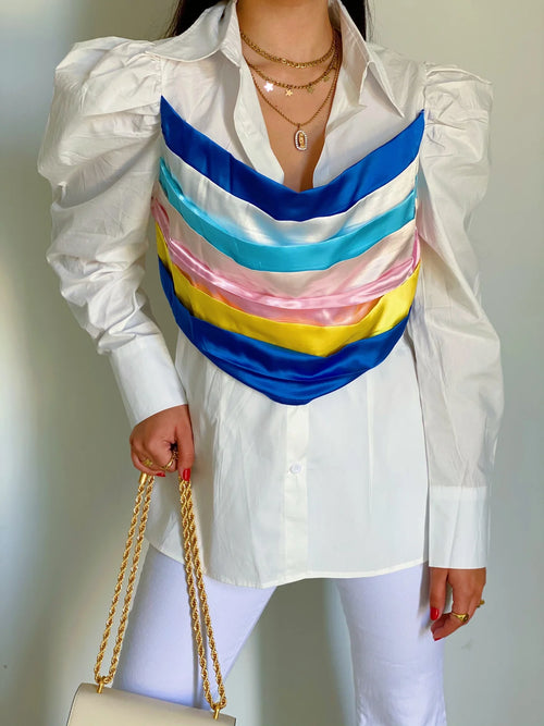 SNOB Heather Button Up Blouse- White/ multicolor