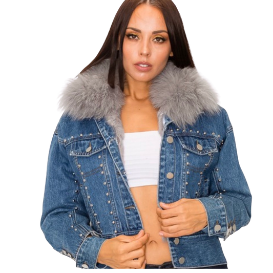 SNOB Kasey DENIM Fur Jean Jacket -Dark Blue