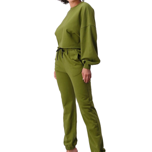 SNOB Olivia Crop Long Sleeve Jogging Set-Olive