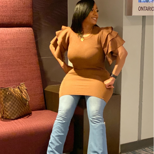 SNOB Mocha Stretchy Ruffle Sleeve Dress-Tan