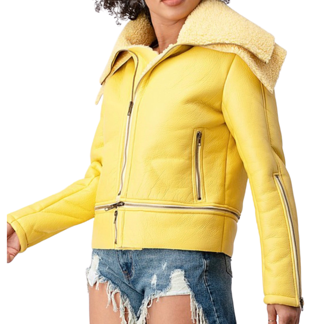 SNOB Lemon Drop Crop Shearling Leather Jacket-Yellow