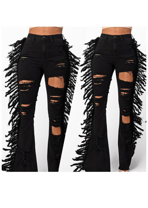 SNOB Cowgirl Fringed Distress Jeans-Black