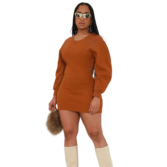 SNOB Short Mini Mid Ling Sleeve Dress- Camel