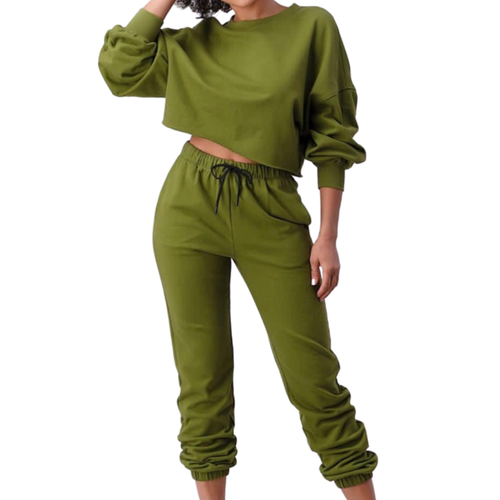 SNOB Olivia Crop Long Sleeve Jogging Set-Olive