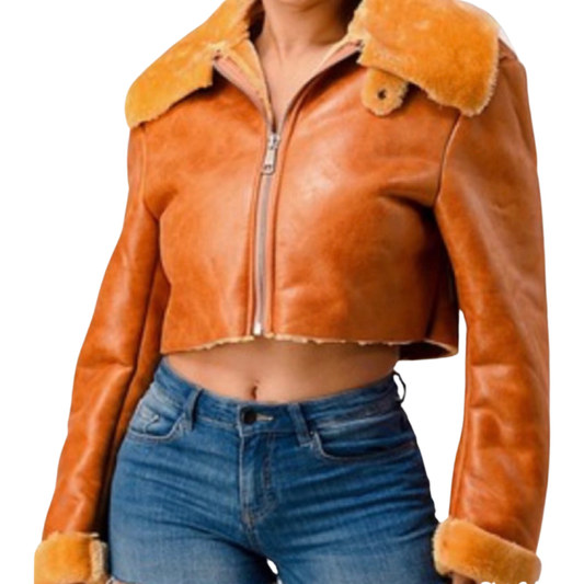 SNOB Crop Sheepskin Leather Jacket-Burnt Orange