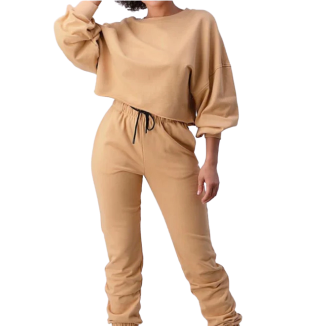 SNOB Sassy Jogging Suit Crop Long Sleeve Set -Peanut Butter