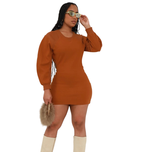 SNOB Short Mini Mid Ling Sleeve Dress- Camel