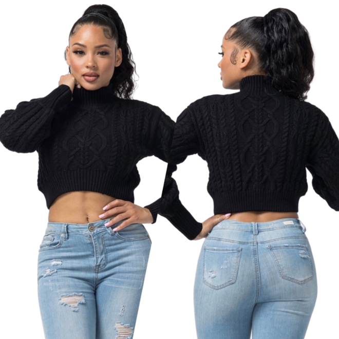 SNOB Knitted Crop Long Sleeve Sweater- Black